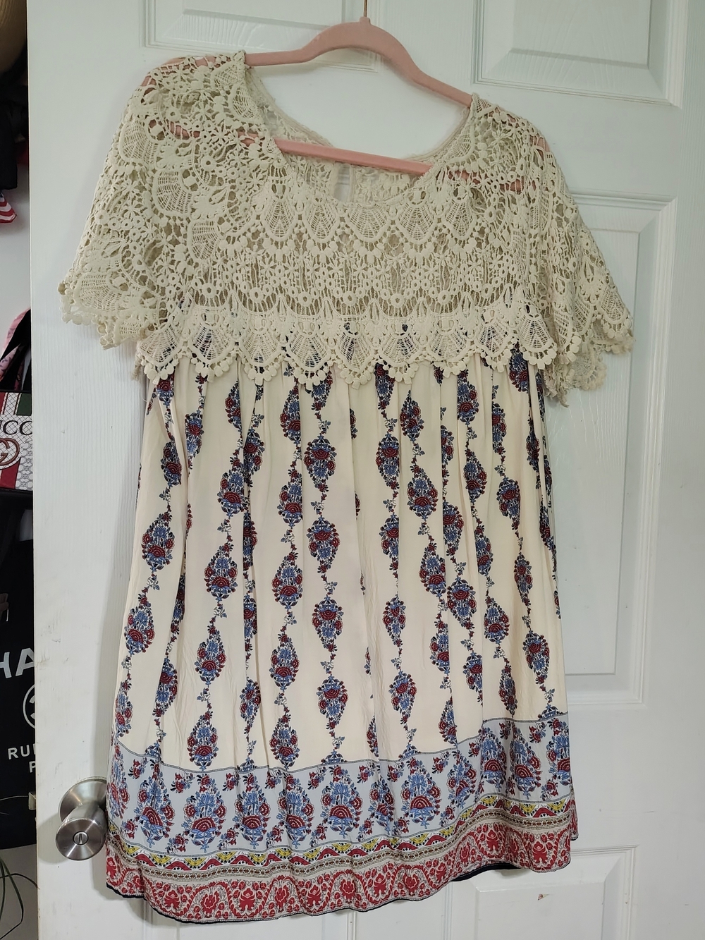 entro Cream Crochet Yoke Floral Print Dress/Tunic with Blue and Red Accents